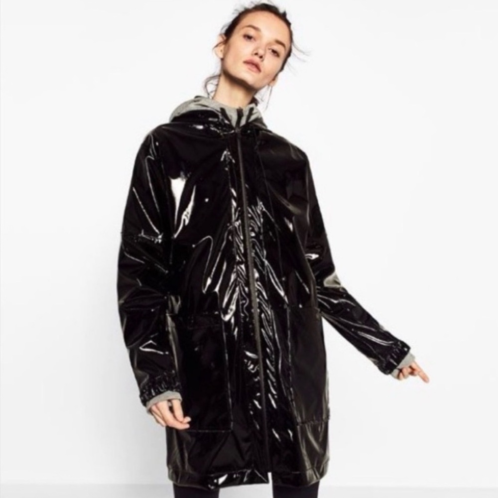 Zara Hooded Patten Rain Coat with sealed zipper Size S